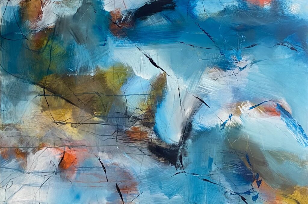 Abstract painting with broad turquoise and light blue brushstrokes, white shapes and small orange accents by Danish Artist Anitta Jonas