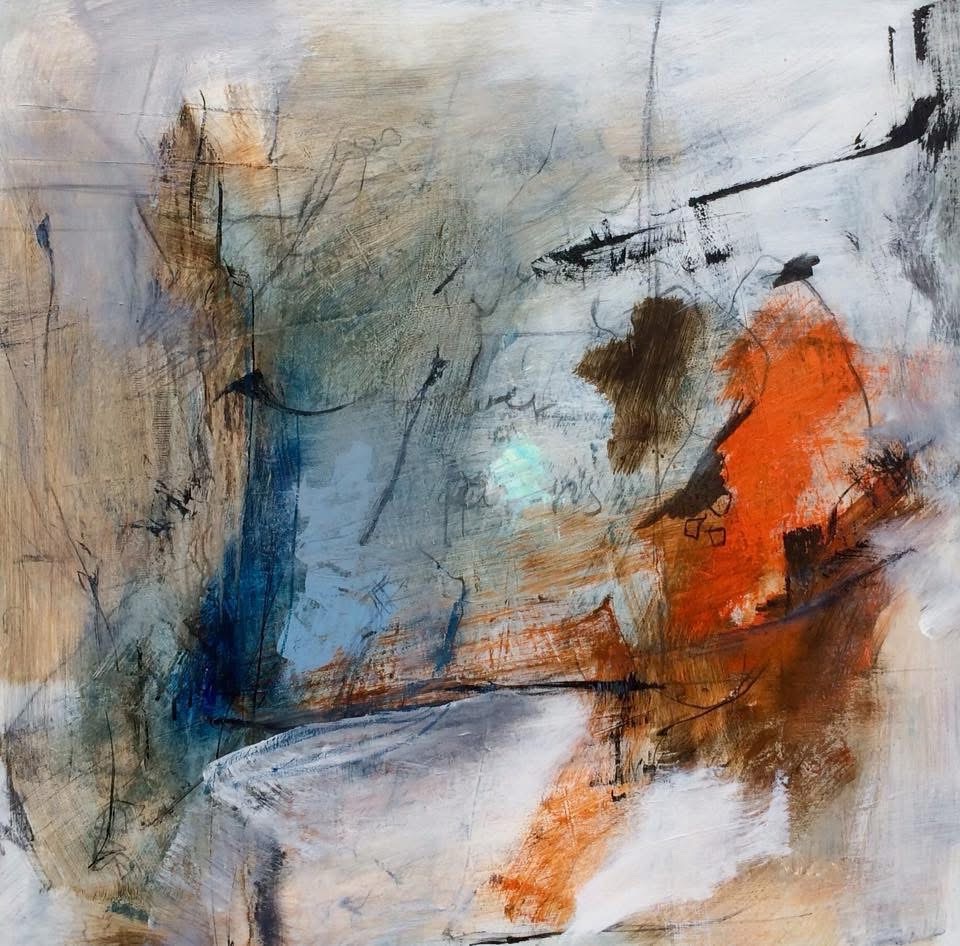 Abstract painting with orange and deep blue accents, pale grey layers and expressive black lines by Danish Artist Anitta Jonas