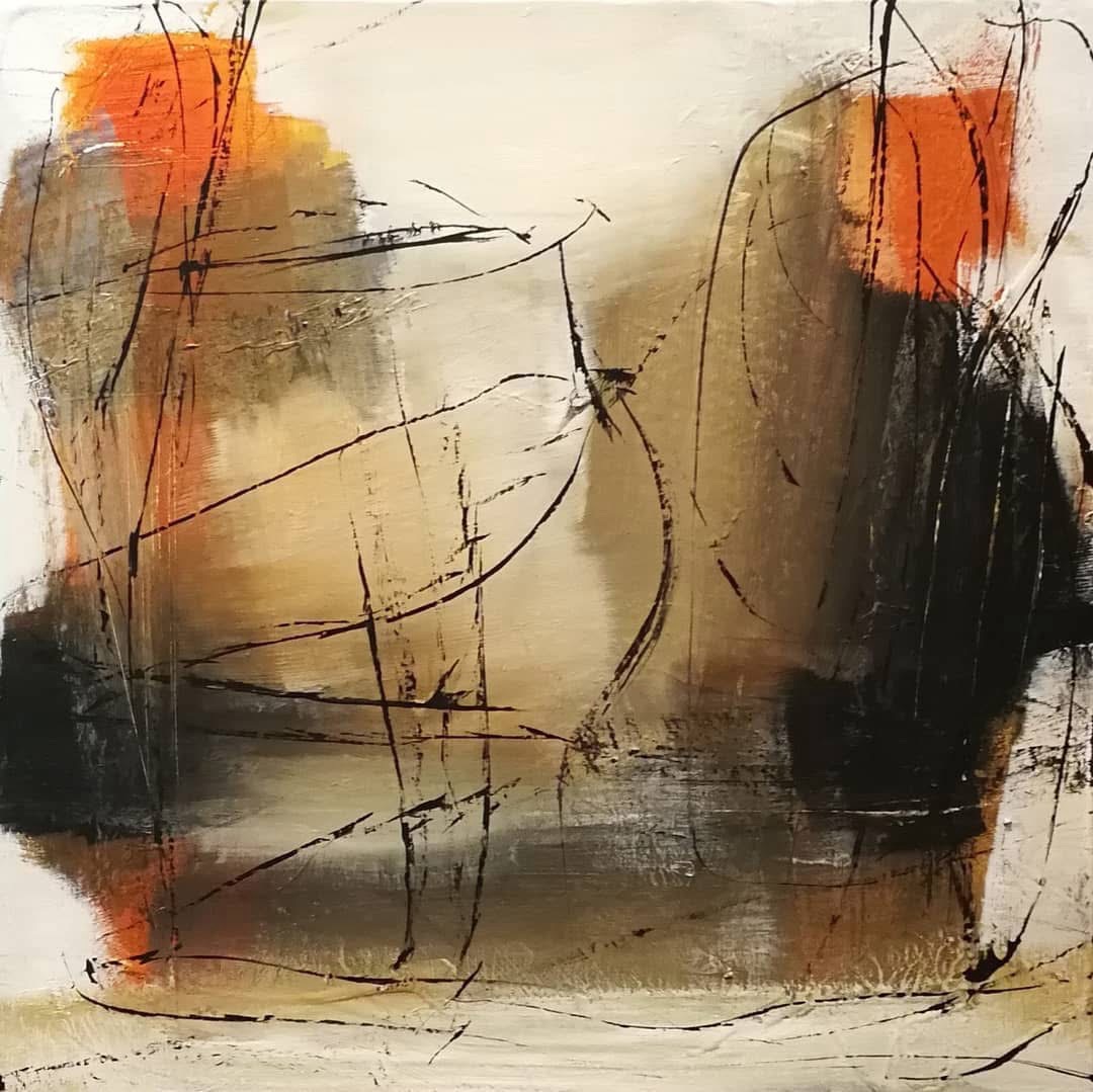 Abstract painting with orange accents, earthy brown fields and looping black lines on a cream surface by Danish Artist Anitta Jonas