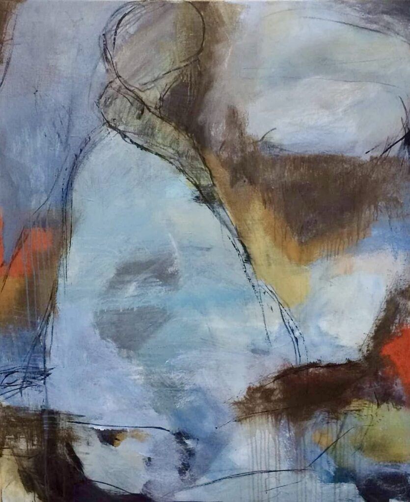Abstract-figurative painting with a pale blue figure, dark outlines and brown and orange accents by Danish Artist Anitta Jonas