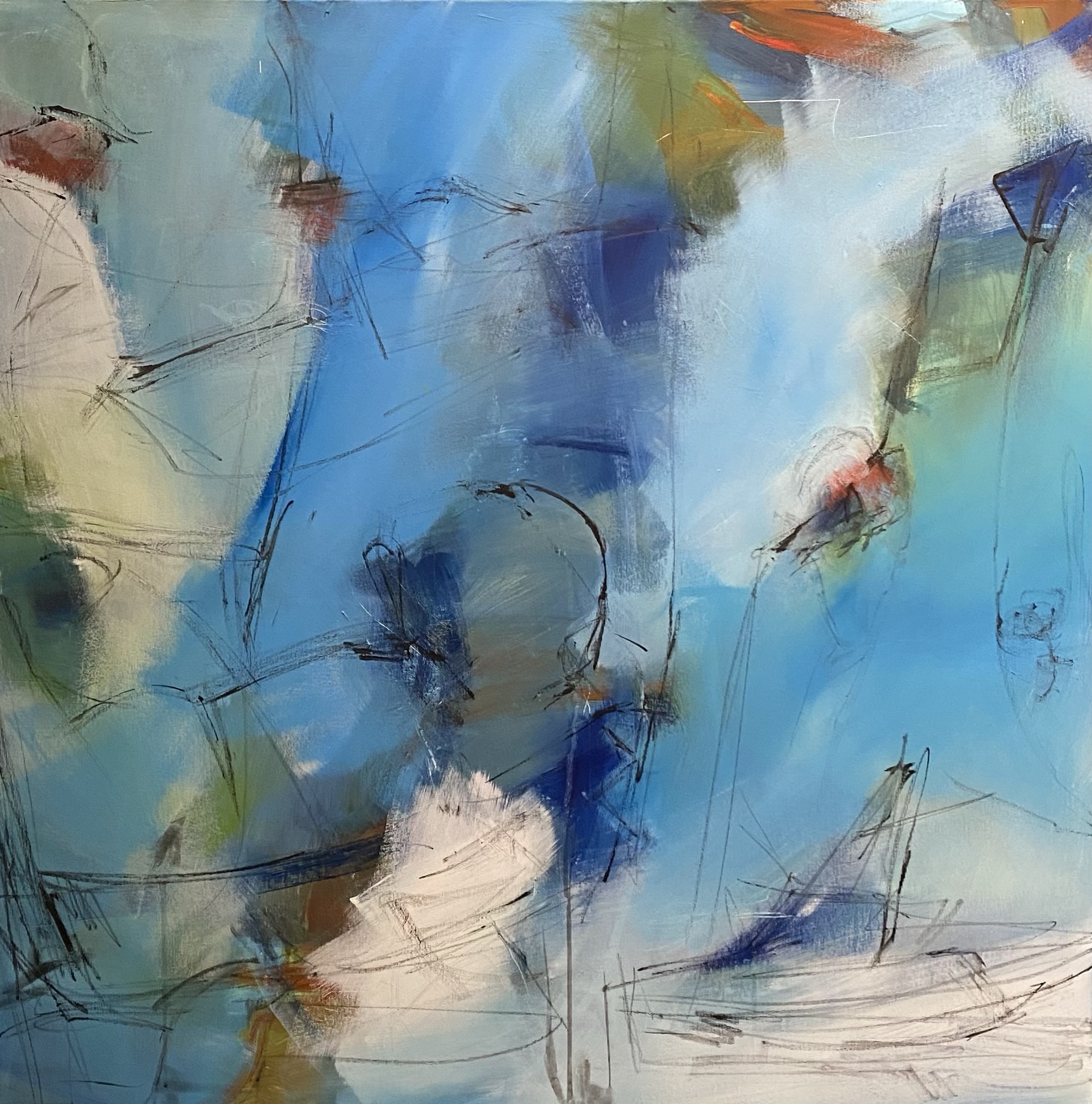 Abstract painting “Between Tides” with blues, greens, soft whites and loose lines by Danish Artist Anitta Jonas