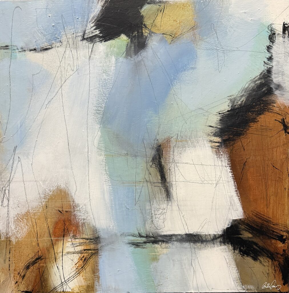 Abstract painting “The Passage” with soft blues, earthy tones and loose lines by Danish Artist Anitta Jonas