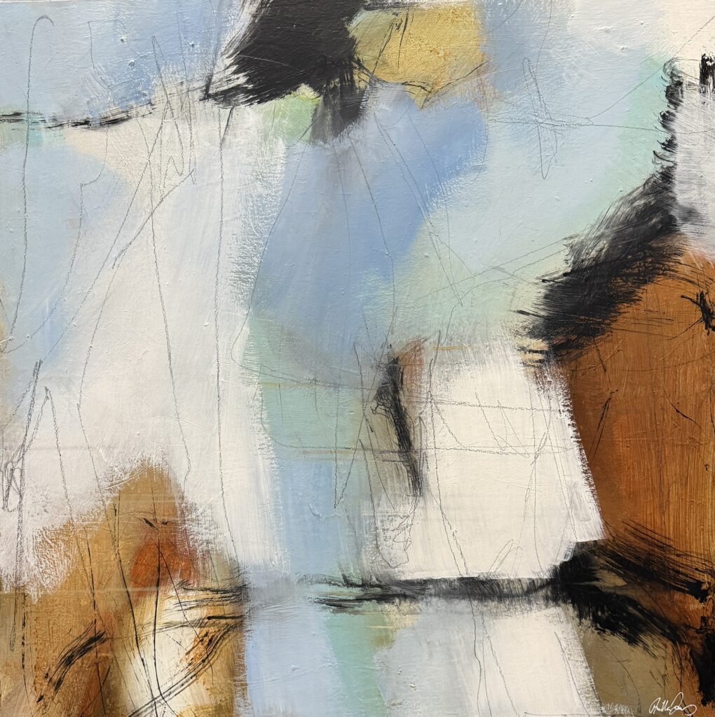 Abstract painting “The Passage” with soft blues, earthy tones and loose lines by Danish Artist Anitta Jonas