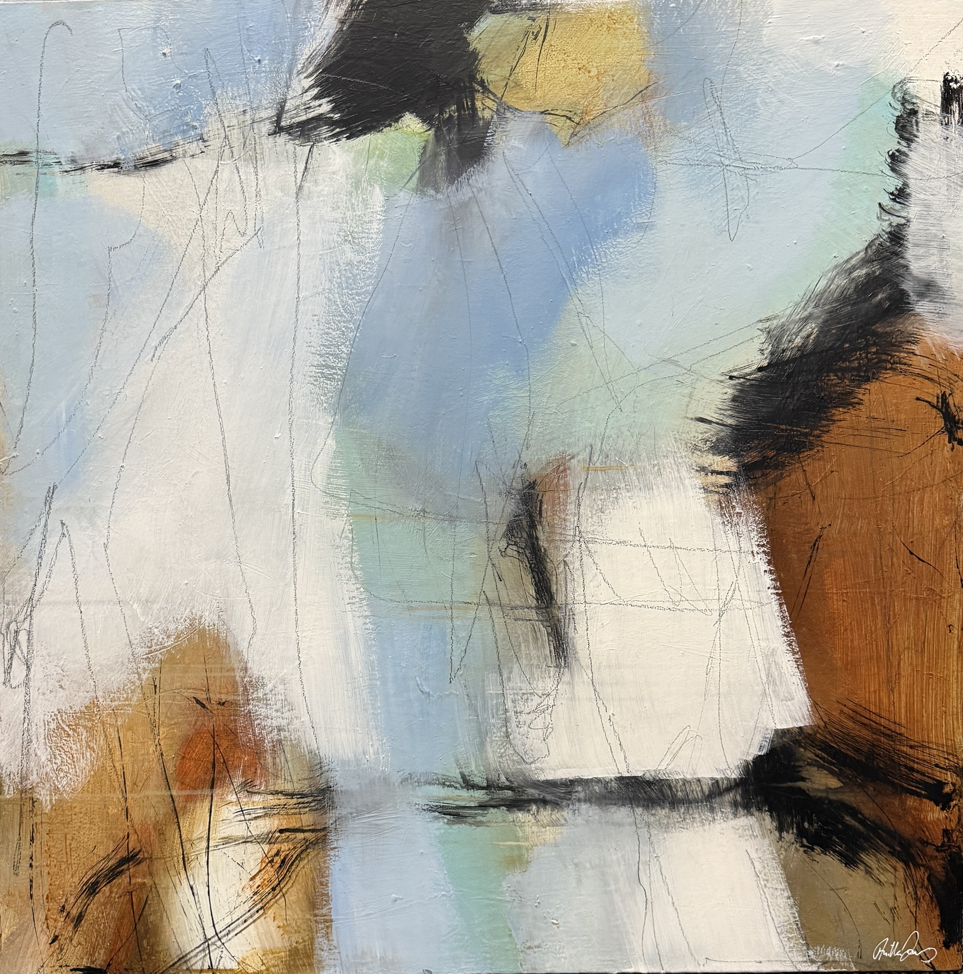 Abstract painting “The Passage” with soft blues, earthy tones and loose lines by Danish Artist Anitta Jonas
