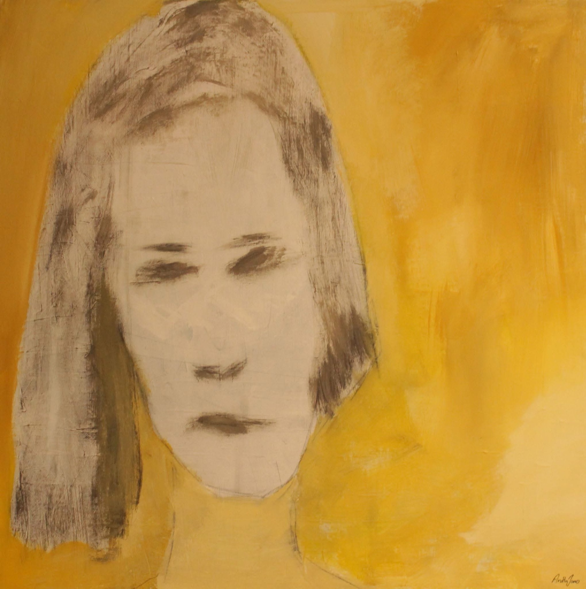 Painted portrait of a woman with dark hair against a golden yellow background by Danish Artist Anitta Jonas