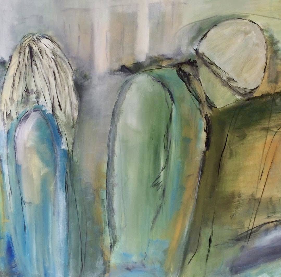 Abstract-figurative painting of two turned-away figures in muted green, blue and grey by Danish Artist Anitta Jonas