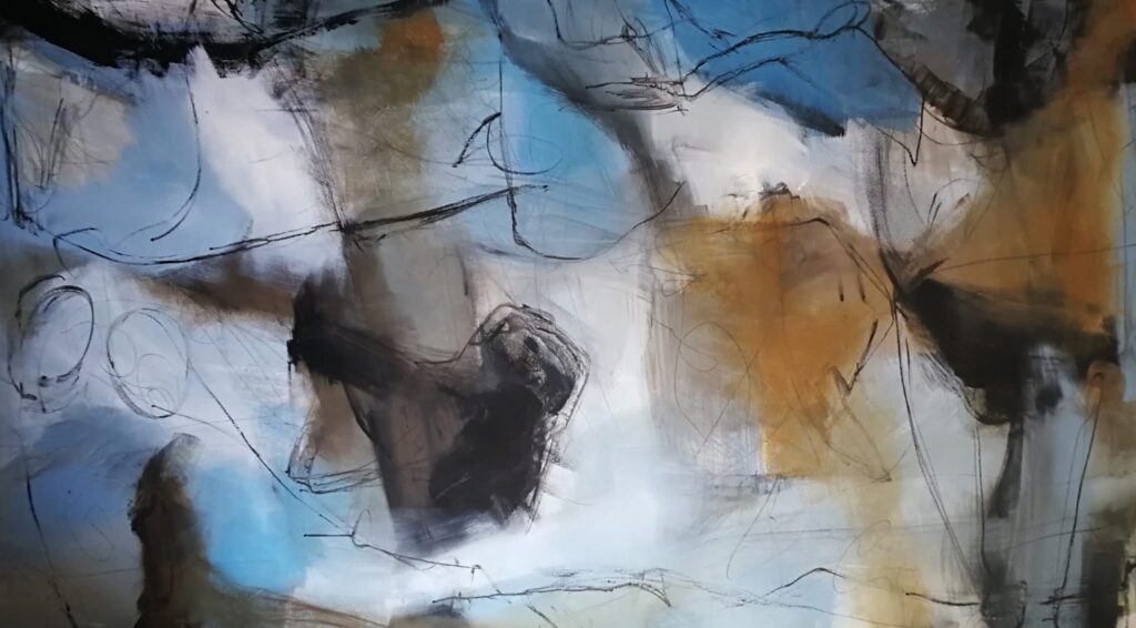 Wide abstract painting with pale blue, white, ochre and black forms crossed by fine looping lines by Danish Artist Anitta Jonas