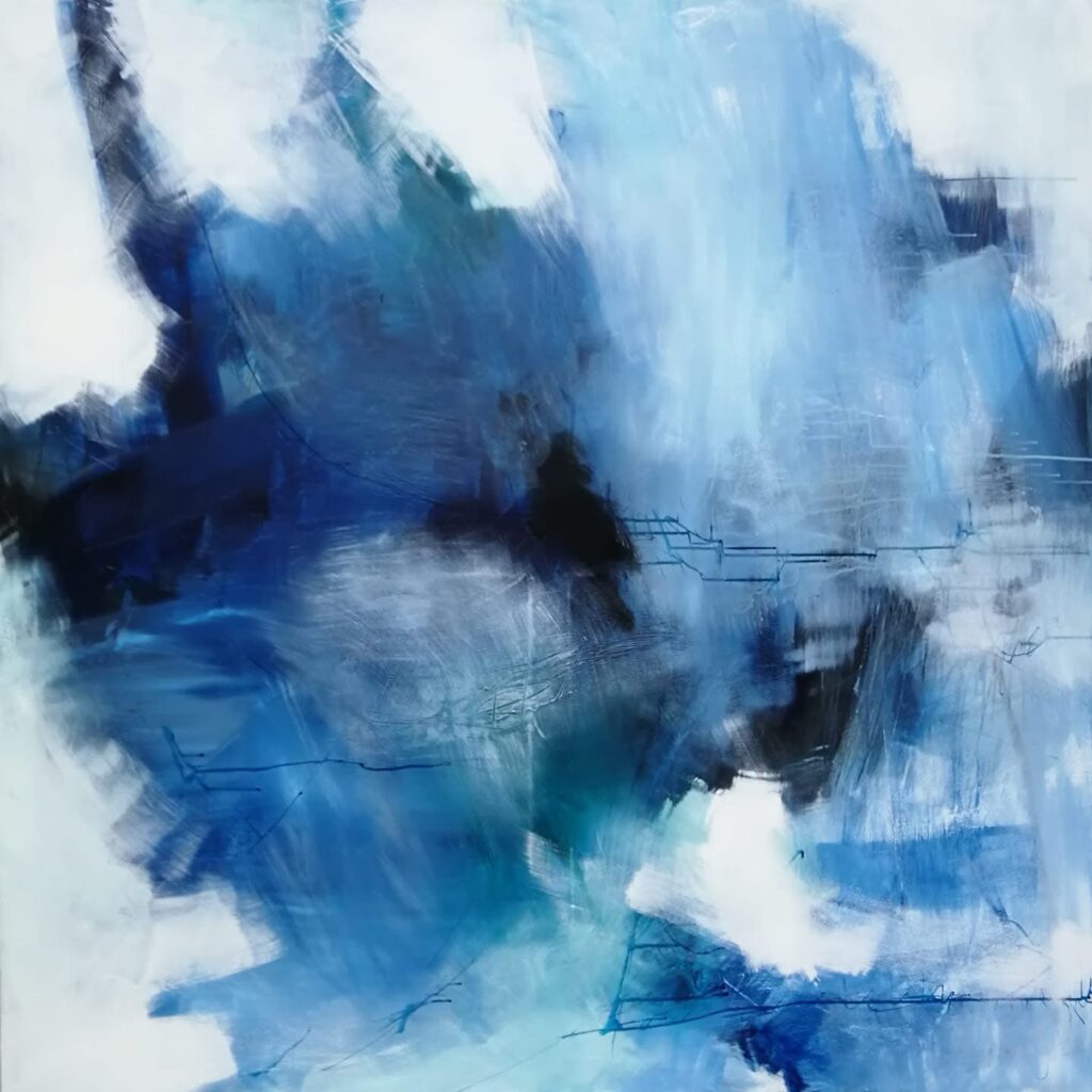Abstract painting with sweeping blue, turquoise and white brushwork and fine dark lines by Danish Artist Anitta Jonas