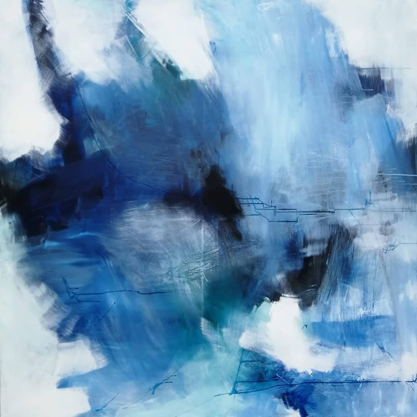 Abstract painting with sweeping blue, turquoise and white brushwork and fine dark lines by Danish Artist Anitta Jonas