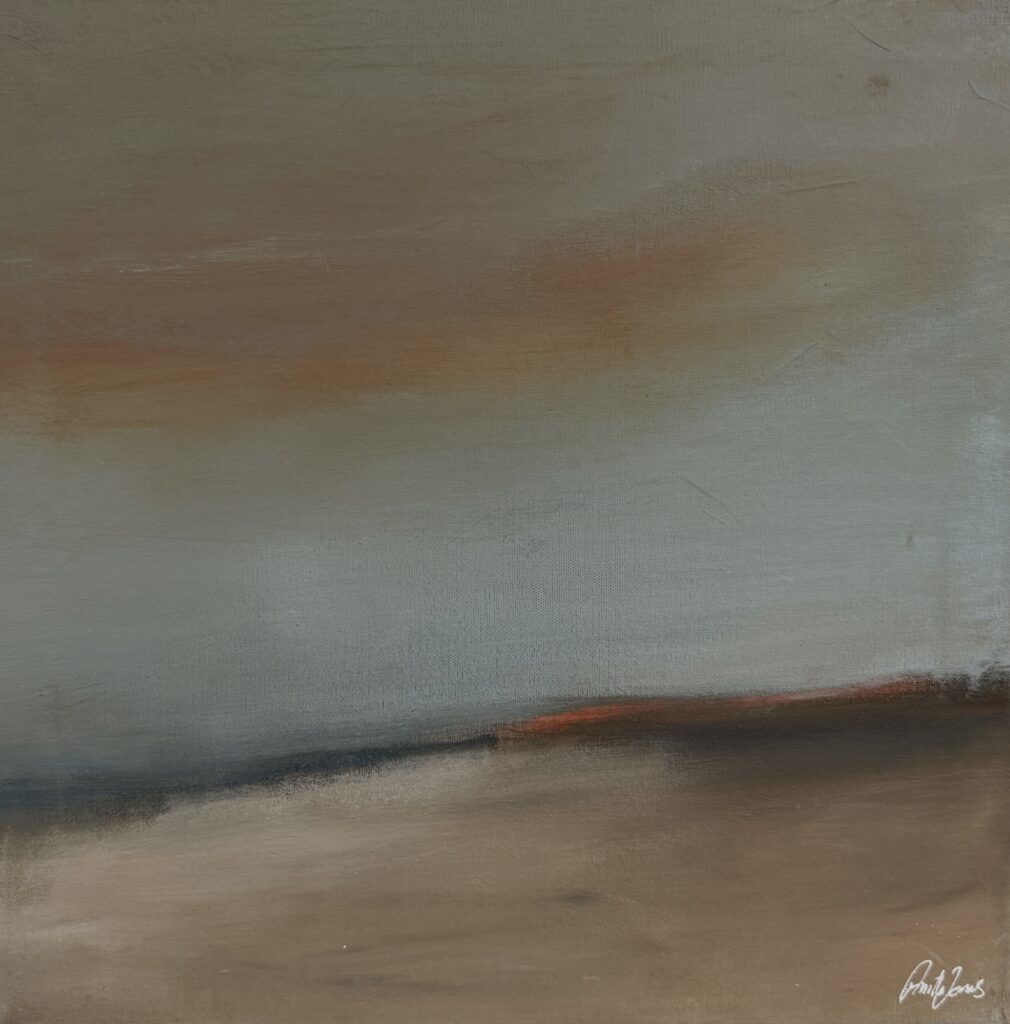 Abstract landscape-like painting “Shore I” with a limited palette and layered atmosphere by Danish Artist Anitta Jonas