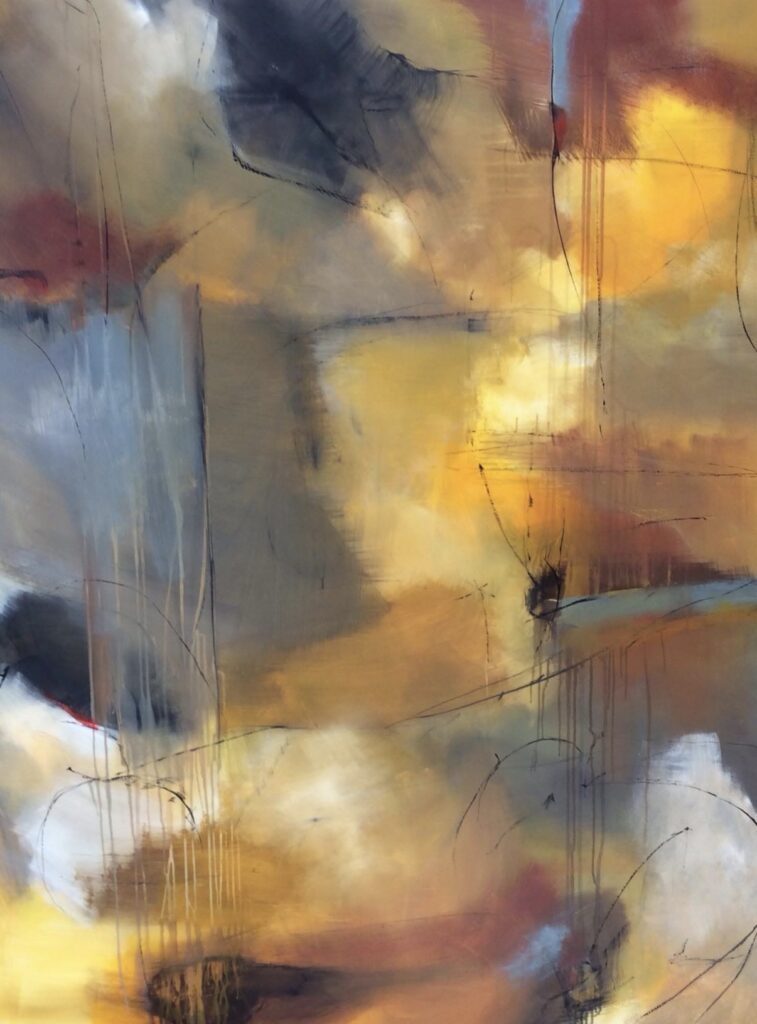 Abstract painting with glowing yellow and ochre fields, muted red and blue-grey areas and fine dark marks by Danish Artist Anitta Jonas