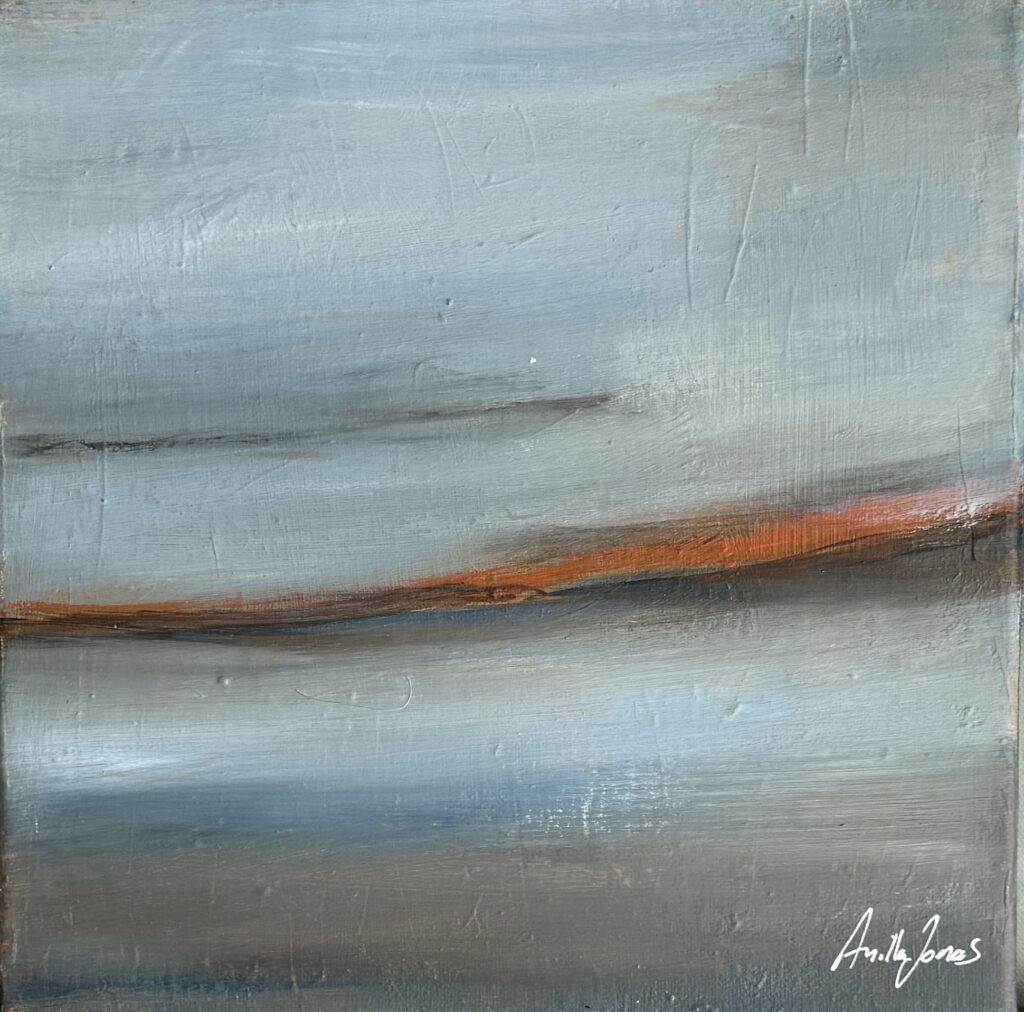 Abstract landscape-like painting “Shore III” with a limited palette and layered atmosphere by Danish Artist Anitta Jonas