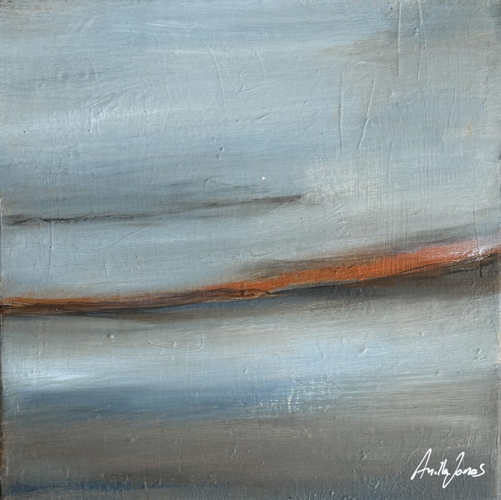Abstract landscape-like painting “Shore III” with a limited palette and layered atmosphere by Danish Artist Anitta Jonas