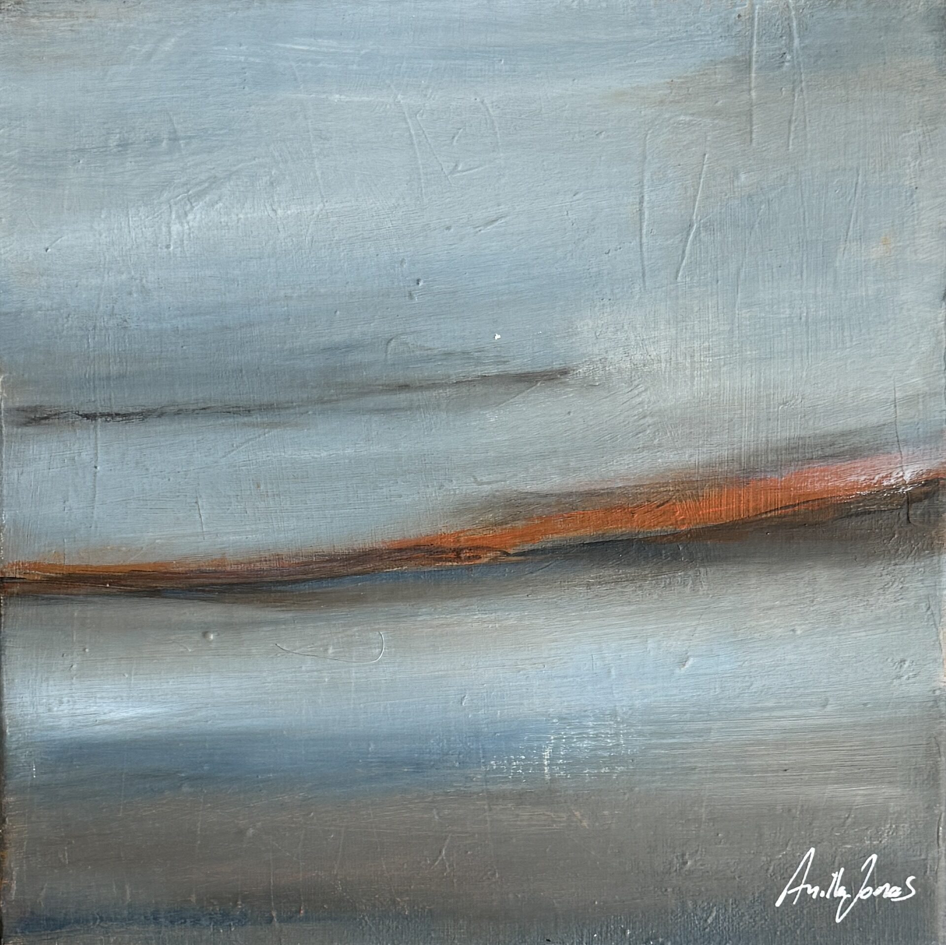 Abstract landscape-like painting “Shore III” with a limited palette and layered atmosphere by Danish Artist Anitta Jonas