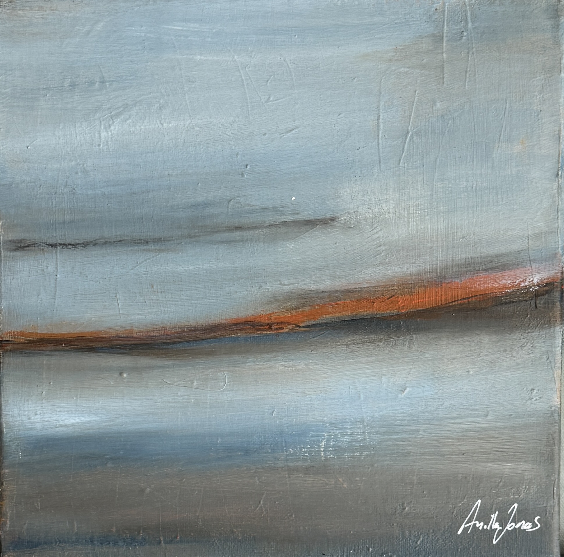 Abstract landscape-like painting “Shore III” with a limited palette and layered atmosphere by Danish Artist Anitta Jonas