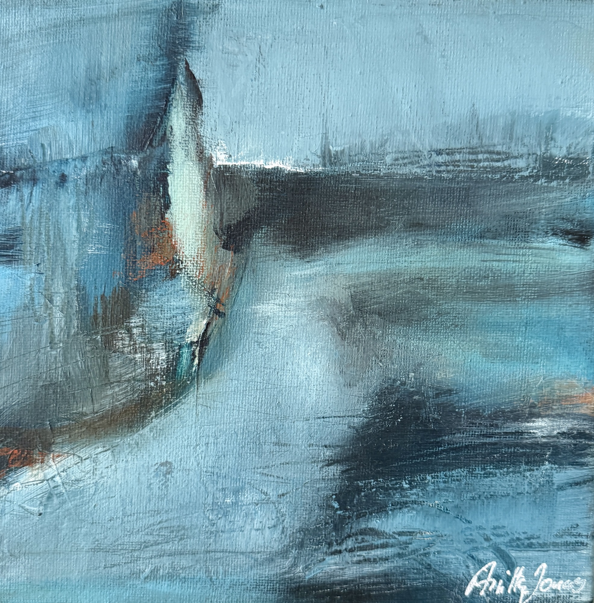 Beyond the Blue – 20 × 20 – abstract landscape painting in blue and turquoise by Danish Artist Anitta Jonas.