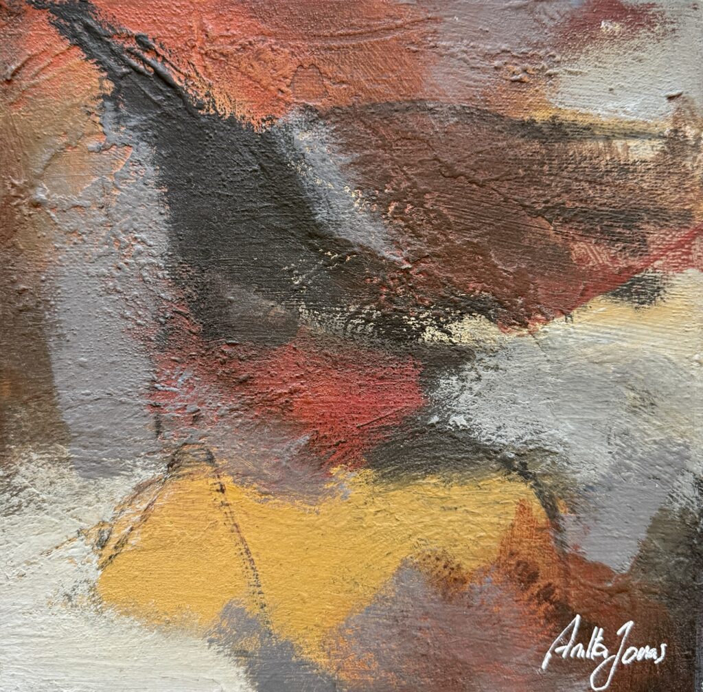 The Fall, abstract acrylic painting in rust, ochre, grey and charcoal, 20 × 20, by Danish Artist Anitta Jonas.