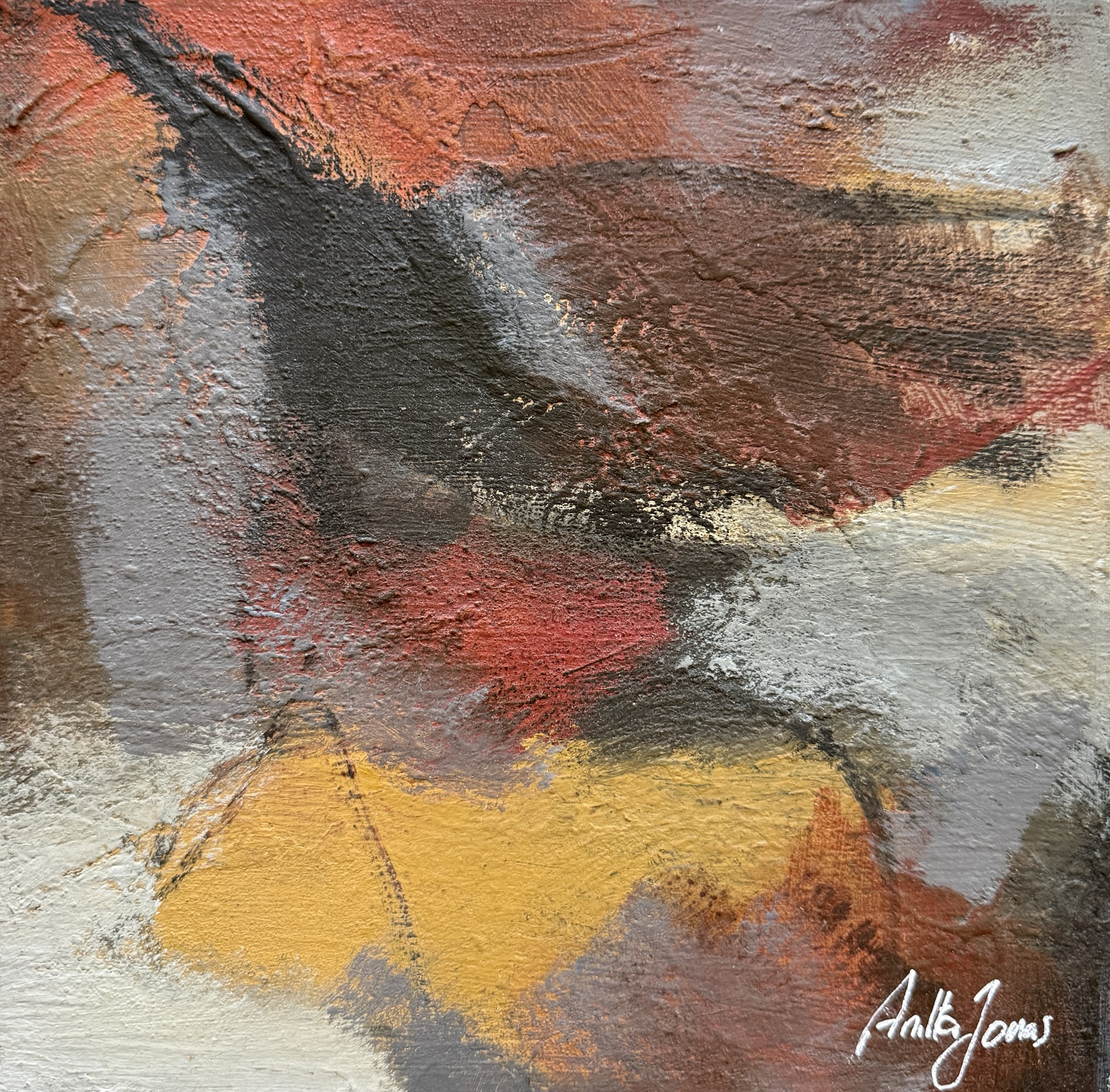 The Fall, abstract acrylic painting in rust, ochre, grey and charcoal, 20 × 20, by Danish Artist Anitta Jonas.
