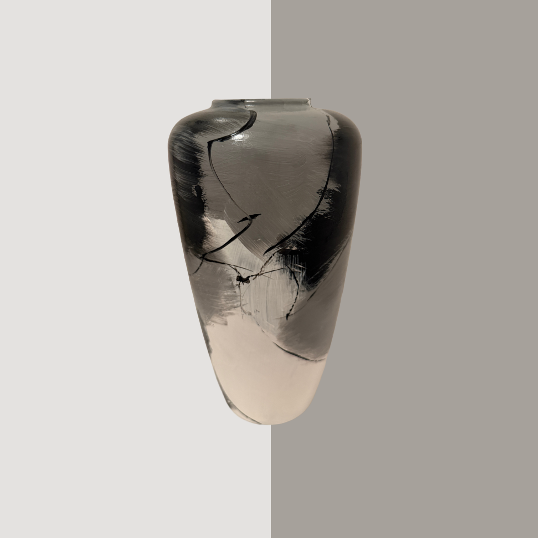 Black and White Vase featuring original abstract hand-painted artwork by Danish artist Anitta Jonas. Black, white and subtle grey tones with fine lines created using a pheasant feather. The vase itself was not made by the artist.