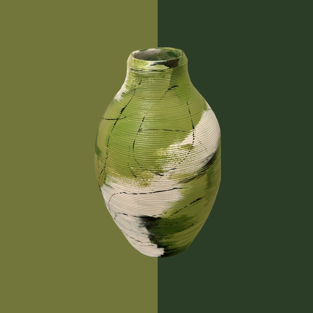 Green Floor Vase, 51 cm tall, featuring original abstract hand-painted artwork by Danish artist Anitta Jonas in white, black and various shades of green. Ribbed surface with expressive lines created using a pheasant feather. The vase itself is not made by the artist.