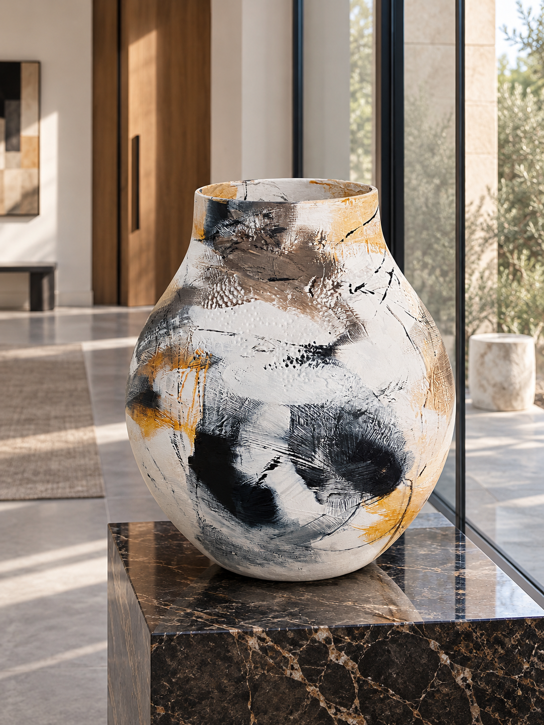 Vintage designer vase by Hella Jongerius, featuring original abstract hand-painted artwork in yellow, beige, white and black by Danish artist Anitta Jonas. Textured surface with delicate lines created using a pheasant feather. The artist painted the vase but did not create its original design. AI-generated interior showing the vase on a dark marble table beside tall windows.